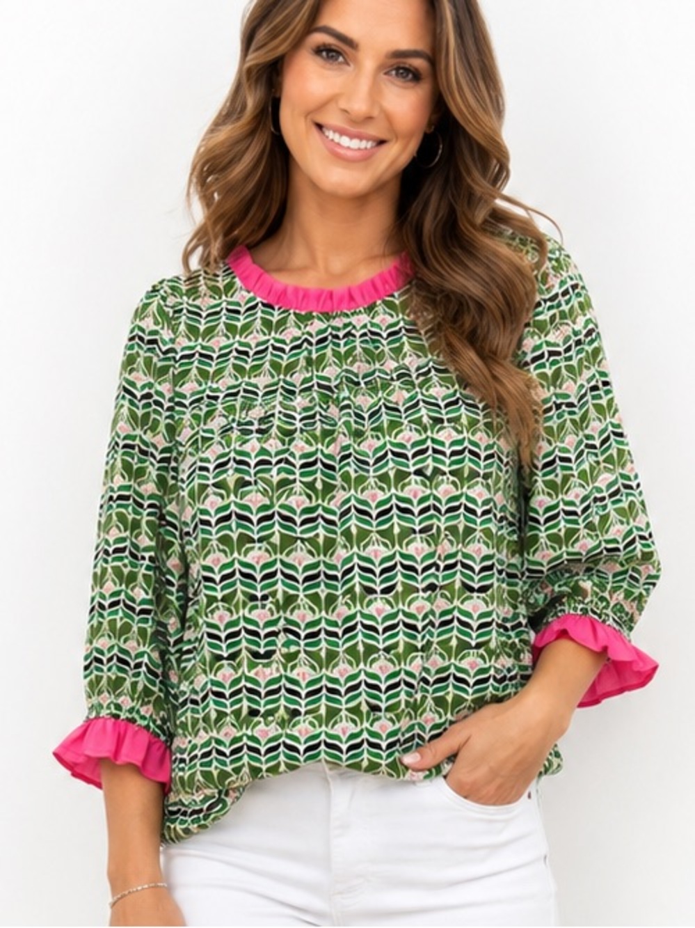 VOY Green Pink Ruffle Trim Printed Blouse Small Preppy Resort Top